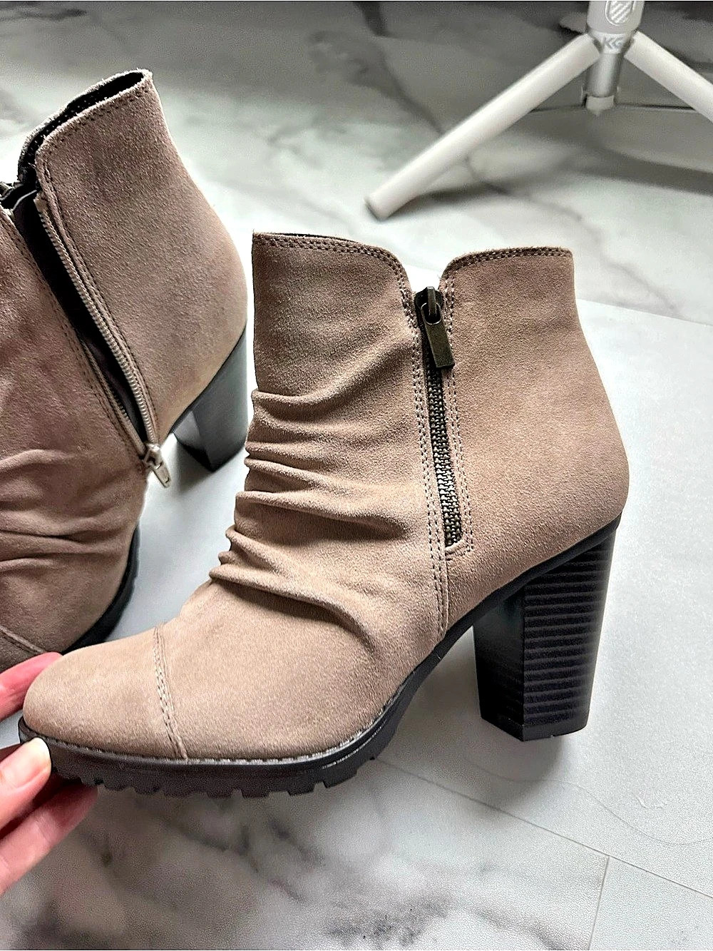 White Mountain Suede Ruched Block Heel Ankle Boots in Taupe